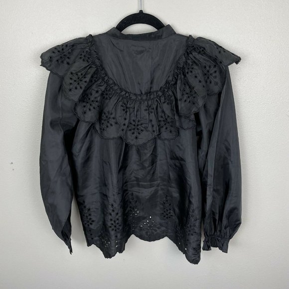 Topshop Frill Ruffle Eyelet Cutout Long Sleeve Button Up Top US Size 4 Black - Picture 2 of 6